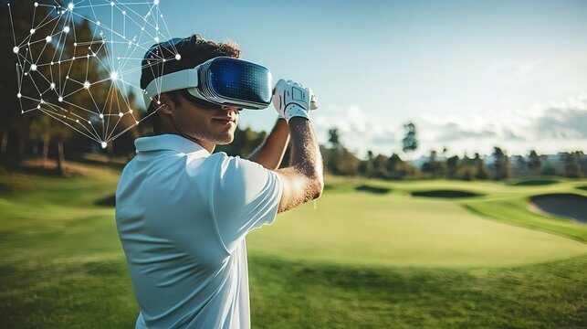 A golfer wearing a virtual reality headset embraces futuristic technology on the golf course, exemplifying a blend of sports and innovation under a clear blue sky.