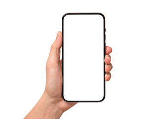 Hand showing smartphone with blank screen isolated on white background.