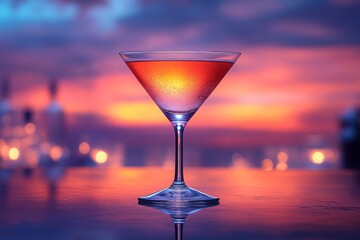 Orange cocktail close-up against blurred evening city background. Alcoholic cold drink, beautiful banner