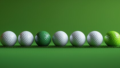 A row of seven golf balls on a lush green background, highlighting a unique green golf ball among white ones, symbolizing uniqueness and sport elegance.