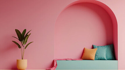 Cozy pastel reading nook with pillows and blankets, featuring plant. serene space invites relaxation and comfort, perfect for enjoying good book