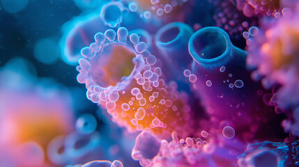 顕微鏡で見る微生物の世界：バクテリアと細胞の写真が明かす生物科学の医療研究実験イメージの素材