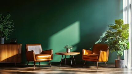 Obraz premium Modern Living Room with Green Wall and Leather Chairs