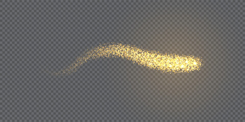 Golden glitter dust swirl. Magic swoosh light trail. Sparkling festive element of design. Abstract vector illustration with overlay effect and transparency