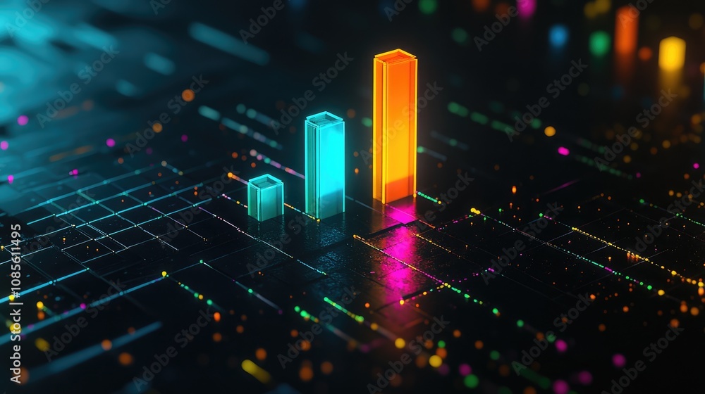Poster abstract digital graph visualization with colorful bars and lights representing data growth on a fut