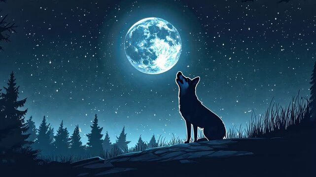A wolf is standing in the woods and looking up at the moon