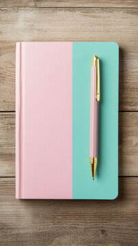 Pastel colored notebook with pen on wooden table, perfect for notes and creativity. soft colors create calming atmosphere for writing