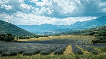 Naklejka premium Lavender Fields with Mountains in the Background
