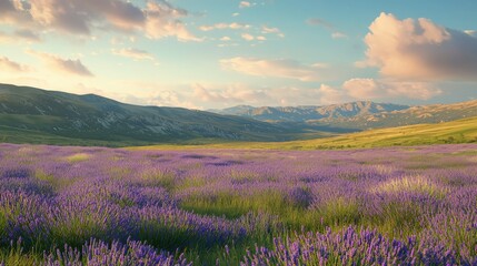 Lavender Fields with Mountain Backdrop at Sunset