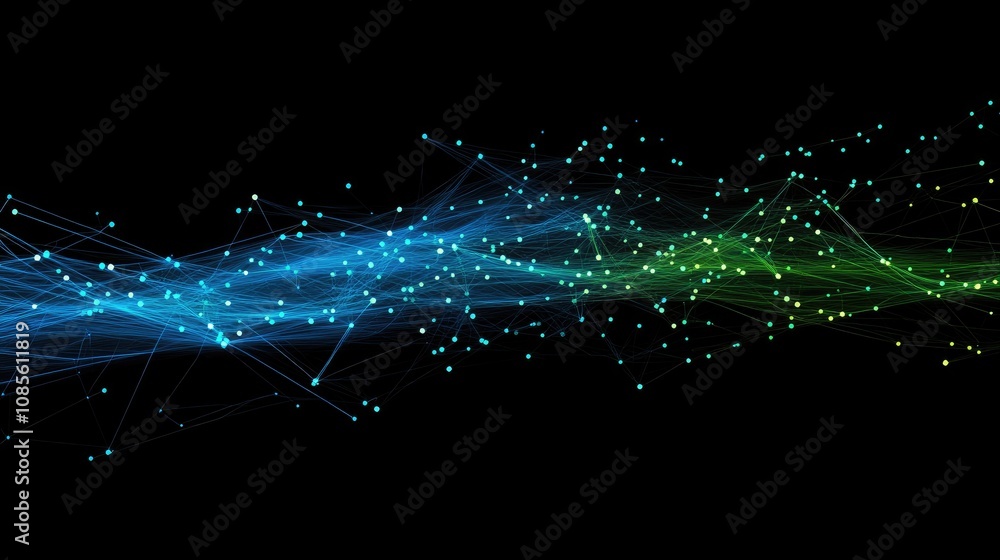 Poster abstract digital background with flowing lines and dots in gradient colors of blue and green, perfec