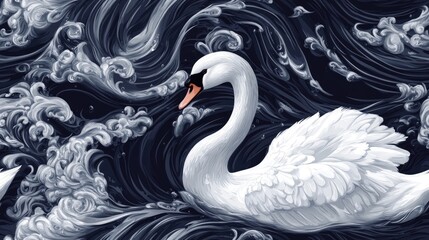 Fototapeta premium Seamless digital illustration of elegant white swans gracefully swimming perfect for fabric design wallpapers and home decor