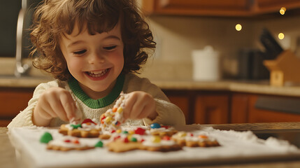 A cheerful child decorating cookies with icing and candies, seated at a kitchen counter 