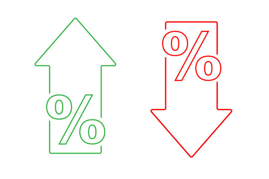 Increasing and decreasing concept. Line drawn upward and downward arrows, with percentage symbols at each endpoint, set against a white backdrop.