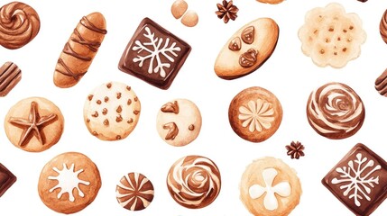 Seamless pattern of watercolor gingerbread and chocolate cookies decorated for Christmas festive baking design Cookie Day