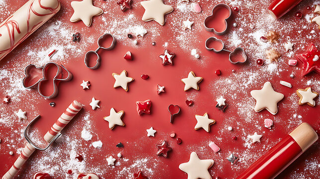 A festive kitchen scene with cookie dough, rolling pins, and cookie cutters shaped like stars and hearts 