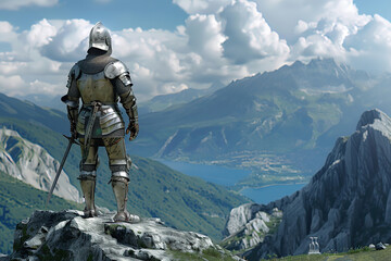 A fantastic royal knight in armor guards the castle chambers