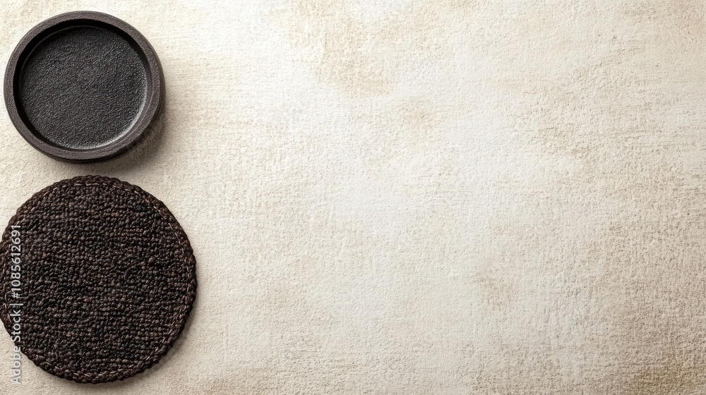 Poster a minimalist setting featuring a round coaster and a small dish on a textured surface.