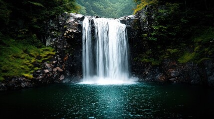 Obraz premium A serene waterfall cascades into a tranquil pool, surrounded by lush greenery, creating a peaceful natural oasis.