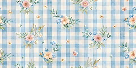 Watercolor Floral Pattern with Blue and White Checkered Background
