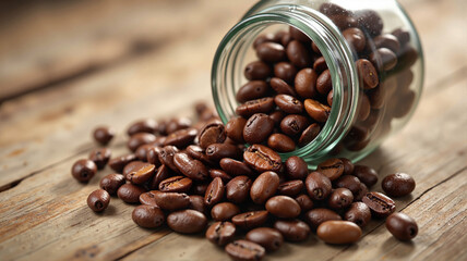 Aromatic cocoa beans spilling from glass jar - perfect for coffee blogs, culinary websites, gourmet recipe books, and artisanal food presentations