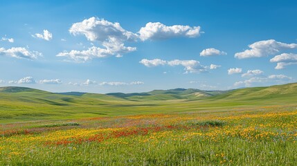 Obraz premium Colorful Wildflowers on Hills Under Bright Sky