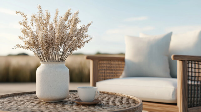 cozy garden setup featuring vase of dried flowers, cup on table, and comfortable chair, creating serene atmosphere