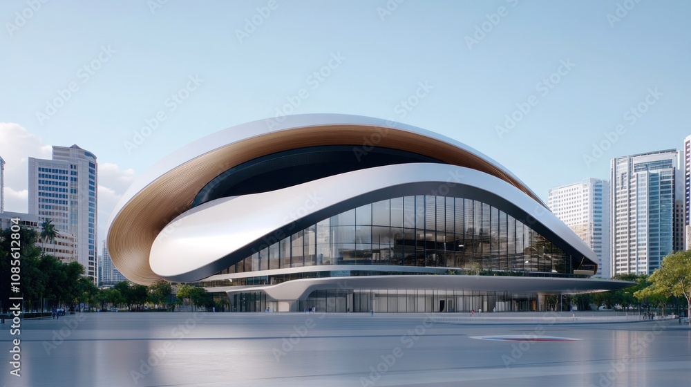 Poster modern architectural design featuring a dynamic, fluid structure.
