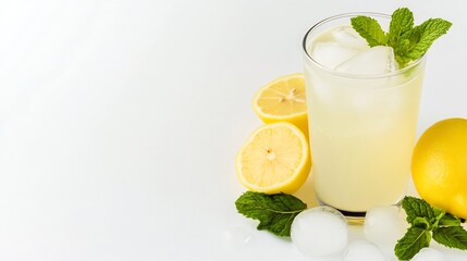 Fototapeta premium Refreshing Glass of Homemade Lemonade with Ice and Mint Leaves