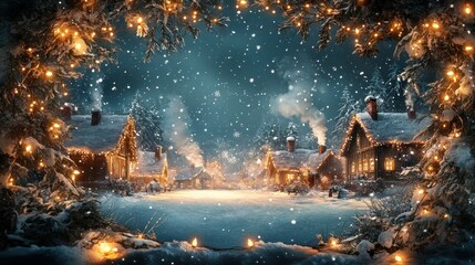 Snowy village scene with festive lights and snowfall.