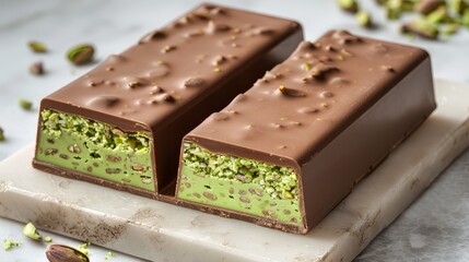 Dubai chocolate bars with green kataifi and pistachio paste. Trendy dessert. Sweets.
