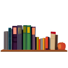 Stylized illustration of a bookshelf with assorted books and an apple on the side
