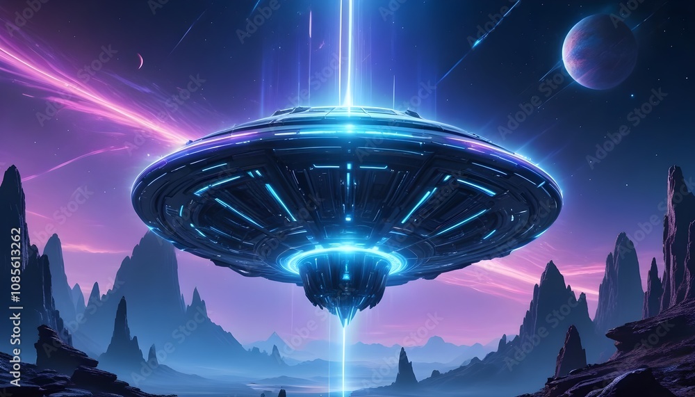 Canvas Prints a mysterious futuristic spacecraft hovers above a distant alien planet its glowing energy core puls