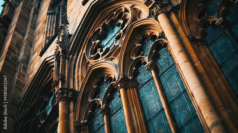 Poster detailed view of gothic tracery and pointed arch window