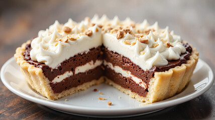 Decadent chocolate cream tart with whipped topping - perfect for dessert blogs, baking websites, recipe books, or culinary presentations on indulgent treats