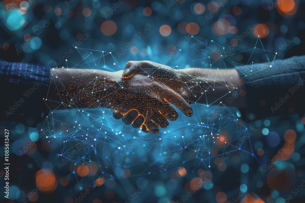 Poster two businessmen shaking hands with digital technology network connection background with success.
