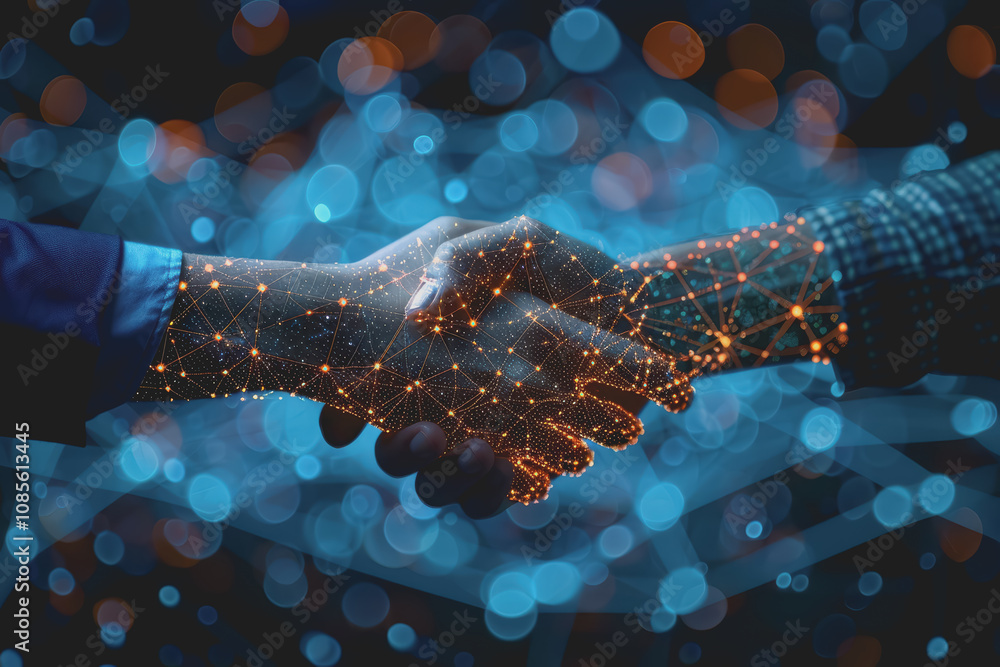 Poster two businessmen shaking hands with digital technology network connection background with success.