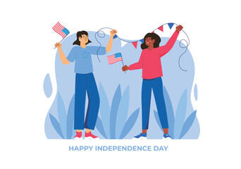 Two joyful women celebrating Independence Day with flags and decorations in a festive atmosphere. Vector illustration