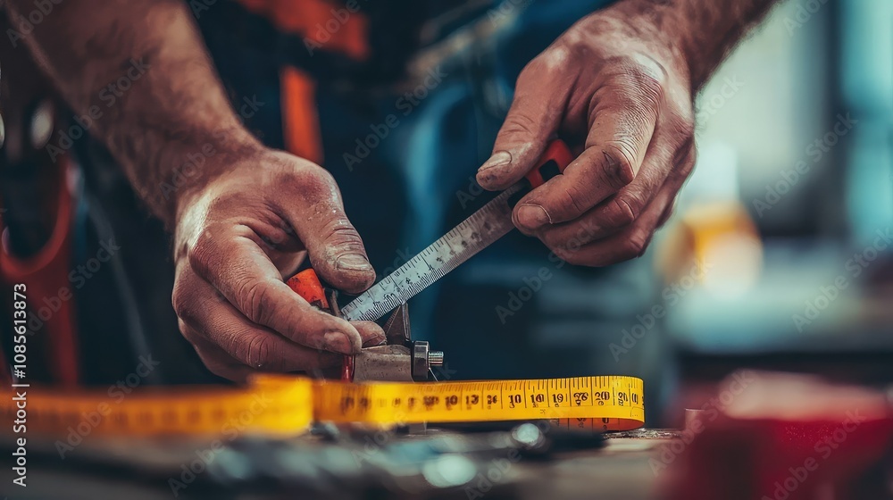 Poster close-up of construction worker using measuring tools