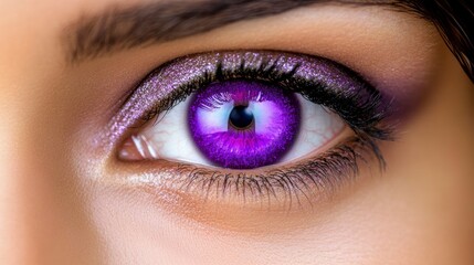 Obraz premium Close-up of a Woman's Eye with Vibrant Purple Iris and Sparkling Makeup
