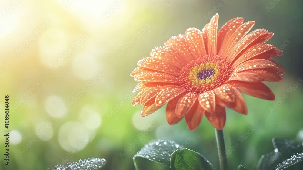 Poster bright orange flower with water droplets glimmering in soft light against a nature background creati