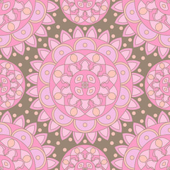 Seamless pattern with pink Indian floral ornament for fabric swatch or wrapping paper. Vector abstract kaleidoscopic background