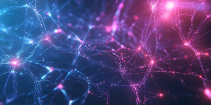 Abstract network chart with glowing nodes connected by delicate neon lines, futuristic web,