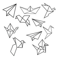 Collection of minimalistic black-and-white geometric origami icons, featuring paper planes, birds, and boats, perfect for creative projects, logos, or decorative elements