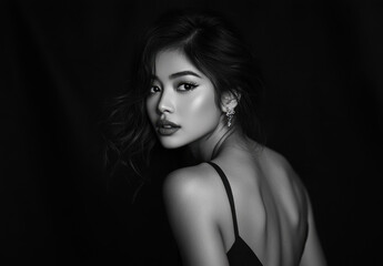 Black and white photo of a beautiful woman model in a black dress looking over her shoulder on a dark background.
