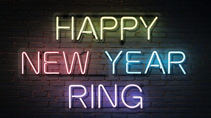 Vibrant 'Happy New Year' Neon Sign in Multicolored Text with Soft Glow on Dark Brick Wall