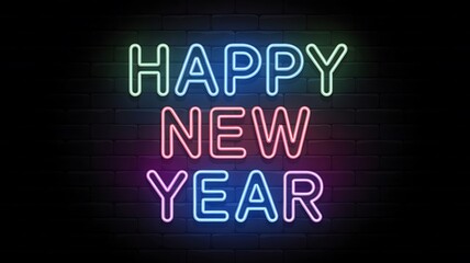 Obraz premium Vibrant 'Happy New Year' Neon Sign in Multicolored Text with Soft Glow on Dark Brick Wall