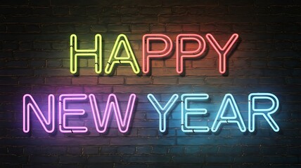 Obraz premium Vibrant 'Happy New Year' Neon Sign in Multicolored Text with Soft Glow on Dark Brick Wall