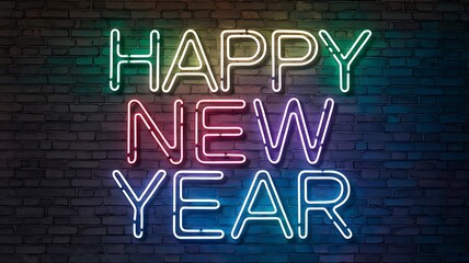 Vibrant 'Happy New Year' Neon Sign in Multicolored Text with Soft Glow on Dark Brick Wall