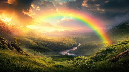 Obraz premium Stunning Landscape with Majestic Rainbow Over Lush Green Valley and River at Sunset, Capturing the Beauty of Nature's Vibrant Colors and Scenic Serenity