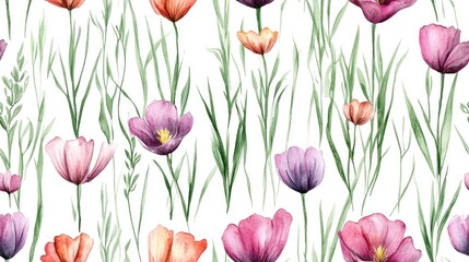 Fototapeta premium Seamless watercolor pattern featuring vibrant spring flowers and lush grass ideal for seasonal decor and invitations